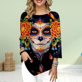 Женская футболка с рукавом три четверти и круглым вырезом, свободные рубашки, повседневные футболки с принтом ужасающего черепа XS розовый