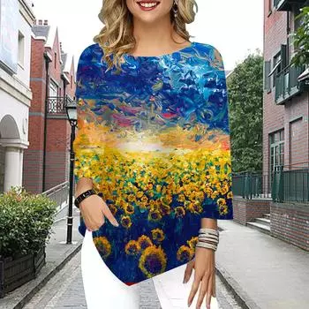 Женская футболка с рукавом три четверти и круглым вырезом, свободные рубашки, повседневные футболки с цветочным принтом и принтом моря XS белый