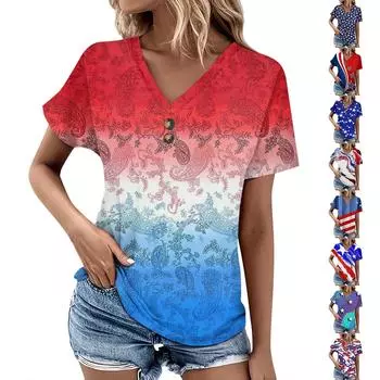 Женский топ в повседневном стиле с v-образным вырезом и пуговицами спереди на плечах, свободная футболка с короткими рукавами L синий