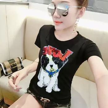 Women s Top Dog Sequined Embroidered Cotton T-shirt Summer Wear Black 4XL