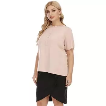 Women s Top Large Size Women s Wave Edge Splicing Simple T-Shirt Top Women 0XL/L розовый