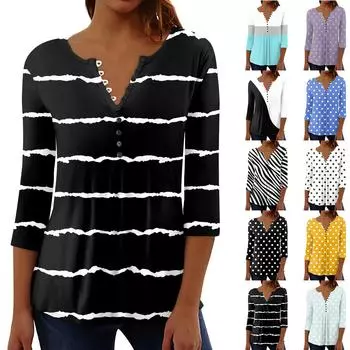 Women s Top Loose Button Seven-quarter Sleeve T-shirt XXXL синий