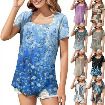 Women s Top Print Casual Loose Square Neck Button Up Shirt Floral Print L