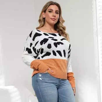 Women s Top Pullover Knitted Sweater Leopard Print Shoulder Neck Large Size Women s Casual Sweater L черный серый