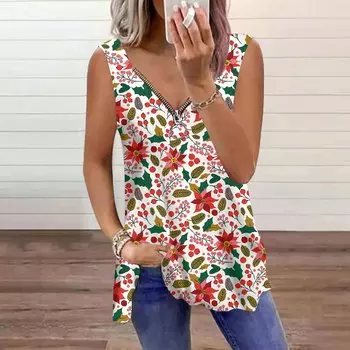 Женский топ, летний, с принтом цветов и растений, повседневный, большого размера, без рукавов, на молнии, с V-образным вырезом, майка XS синий