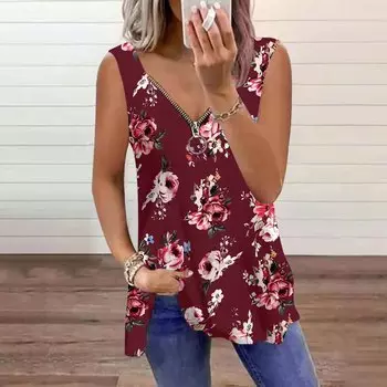 Женский топ, летний, с принтом градиентной розы, повседневный, большого размера, без рукавов, на молнии, с V-образным вырезом, майка XS зелёный