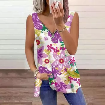 Женский топ, летний, с крупным принтом цветов и растений, повседневный, большого размера, без рукавов, на молнии, с V-образным вырезом, майка XS зелёный