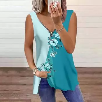 Женский топ, летний, сегментированный, с принтом, повседневный, большого размера, без рукавов, на молнии, с V-образным вырезом, майка XS светло-синий