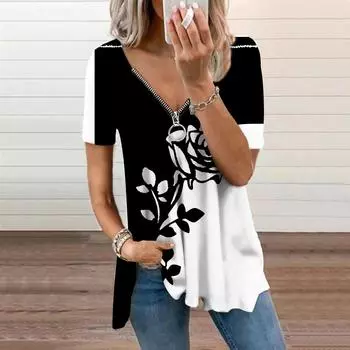 Женский топ, летний новый модный повседневный топ с черным розовым принтом и застежкой-молнией с v-образным вырезом и короткими рукавами XS чёрный