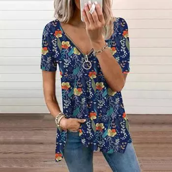 Женский топ, летний новый модный повседневный топ с синими листьями и принтом на молнии с v-образным вырезом и короткими рукавами XS синий