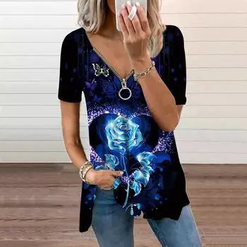 Женский топ, летний новый модный повседневный топ с короткими рукавами и застежкой-молнией в форме сердца с принтом розы XS фиолетовый