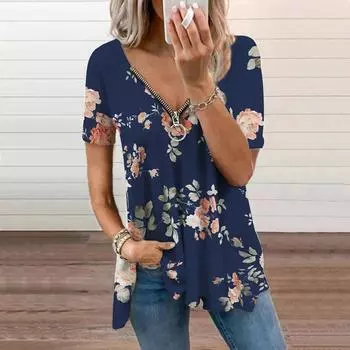 Женский топ, летний новый модный повседневный топ с красным вишневым принтом и застежкой-молнией с v-образным вырезом и короткими рукавами XS красный