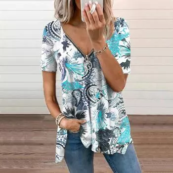 Женский топ, летний, новый, модный, с ярким зеленым цветочным принтом, повседневный, с застежкой-молнией, V-образным вырезом и коротким рукавом XS синий