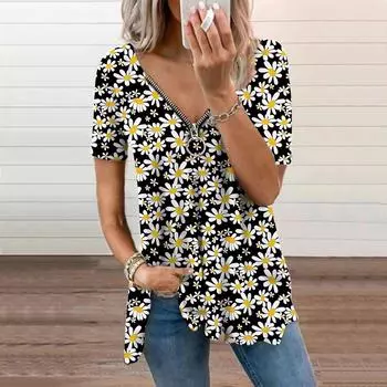 Женский топ, летний, новый, модный, с желтыми цветами, повседневный, с застежкой-молнией, V-образным вырезом и коротким рукавом XS синий