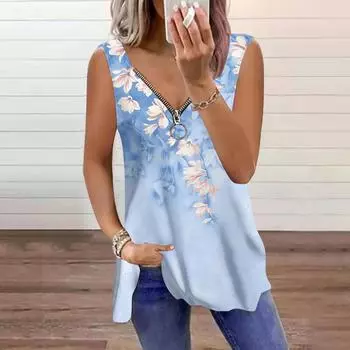 Женский топ, летний, с принтом персикового цвета, повседневный, большого размера, без рукавов, на молнии, с V-образным вырезом, майка XS синий