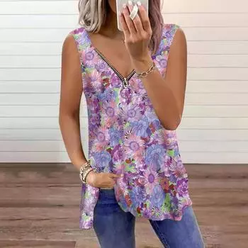 Женский топ, летний, с принтом фиолетовых цветов, повседневный, большого размера, без рукавов, на молнии, с V-образным вырезом, майка XS фиолетовый