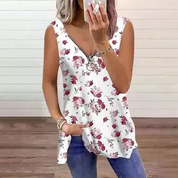 Женский топ, летний, с принтом красной розы, повседневный, большого размера, без рукавов, на молнии, с V-образным вырезом, майка XS розовый