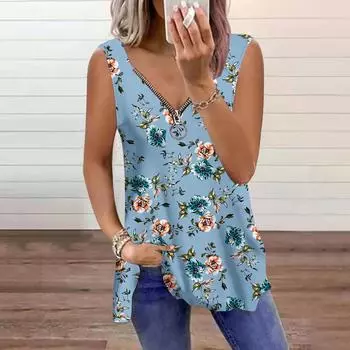 Женский топ, летний, двухцветный, с цветочным принтом, повседневный, большого размера, без рукавов, на молнии, с V-образным вырезом, майка XS белый