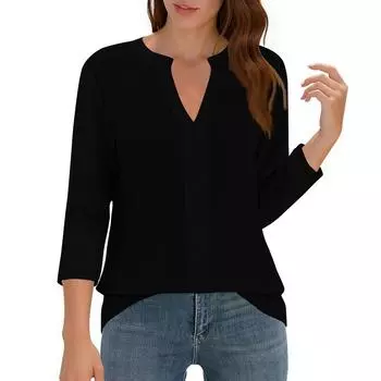 Women s Tops Casual Three-quarter Sleeve Solid Color V-Neck Pleated Loose Top L чёрный