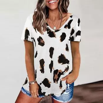 Women s Tops Summer Leopard Print Raglan Short Sleeve Basic-T Shirt Blouse L