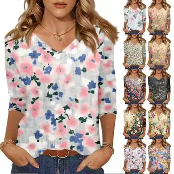 Women s Tops Three-quarter Sleeve Shirt V-neck Loose Casual Shirt Floral Print T-shirt XXL фиолетовый