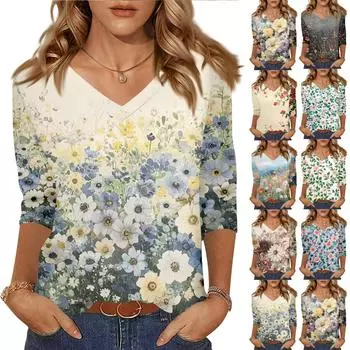 Women s Tops Three-quarter Sleeve Shirt V-neck Loose Casual Shirt Floral Print T-shirt XL