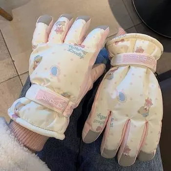 Women s Touch Screen Fleece-lined Thickened Cold Protection Ski Gloves Beige Bear All yards