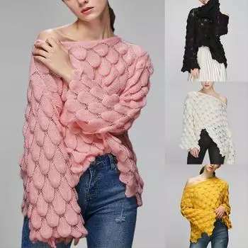 Women s Trendy Hollow Knit Pullover Sweater with Trumpet Sleeves Large кремовый/белый