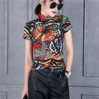 Women s Turtleneck Bottoming Shirt Short Sleeve T-Shirt European Station 2023 Spring New Arrival Half-Sleeve Shirt Silm Mesh Tops Color L