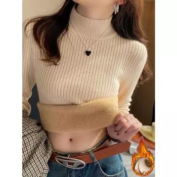 Women s Turtleneck Sweater Winter 2024 Retro Red with Velvet Lining Thickened Inner Wear Thermal Knitting Bottoming Shirt One Size белый