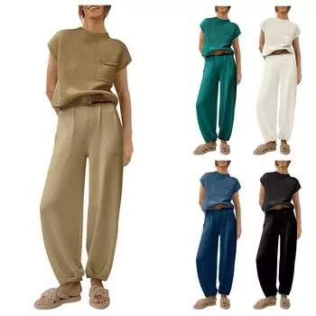 Женский двухсекционный вязаный пуловер без рукавов с круглым вырезом, однотонный повседневный топ и брюки с высокой талией, спортивная одежда, повседневный уличный костюм XL