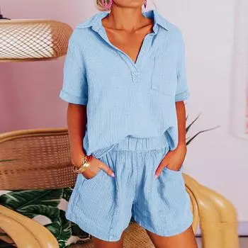 Женские комплекты из двух предметов: рубашки с короткими рукавами с V-образным вырезом и шорты с высокой талией L