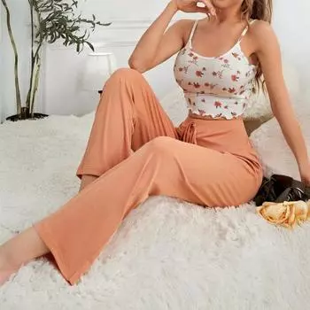 Women s Two Piece Pajama Set Sleeveless Cami Crop Top Wide Leg Pants Set S розы красного