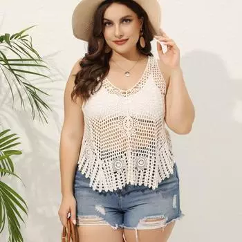 Women s V-neck Hollowed Out Beach Cover-ups Tunic Tops Lace Shirts one size бежевый