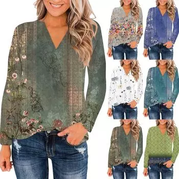 Женские топы с V-образным вырезом и длинным рукавом, повседневные футболки, свободные легкие туники, блузки, рубашки M синий