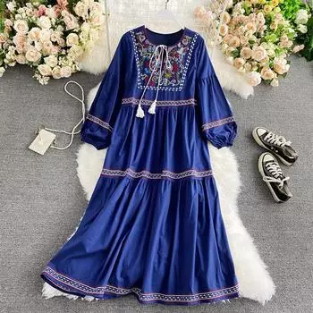 Women s V Neck Printed Mid Waist Pullover Casual Loose And Thin Temperament Dress One Size синий