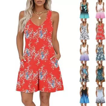 Women s V-neck Printed Sleeveless Jumpsuit Spring And Summer Casual Jumpsuit Shorts XXL