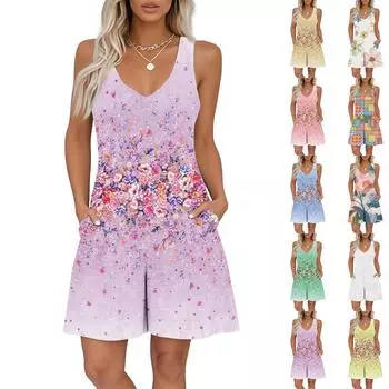 Women s V-neck Printed Sleeveless Jumpsuit Spring And Summer Casual Jumpsuit Shorts XL зелёный