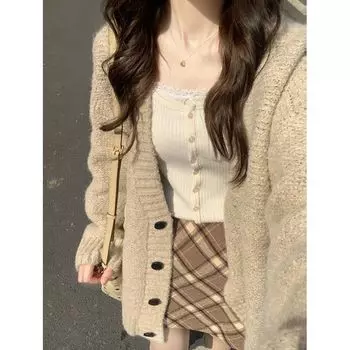 Women s V-neck Soft Button Coat Thickening Cardigan Sweater Khaki S [Recommendation 70/45.00kg]]