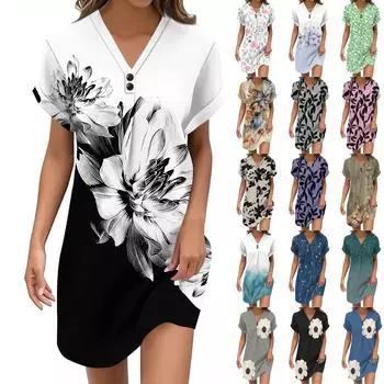 Women s V-neck Vintage Floral Print Pullover Casual Button Dress XXL циан