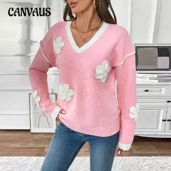 Women s Valentine s Day Clothing Long Sleeve V-Neck Applique Pink Sweater S розовый