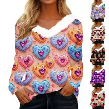 Женский топ с V-образным вырезом и длинными рукавами в виде сердца ко Дню святого Валентина L синий