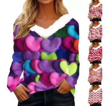 Женский топ с V-образным вырезом и длинными рукавами в виде сердца ко Дню святого Валентина XL фиолетовый