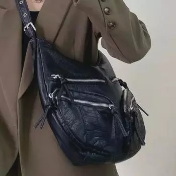 Women s Versatile Retro Black Leather Multi-Pocket Motorcycle Shoulder Messenger Bag серый/чёрный