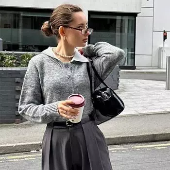 Women s Versatile Soft Round Neck Knitted Cardigan Autumn Winter Solid Color Long Sleeve Cropped Sweater Single Row Button Short Knitwear S серый