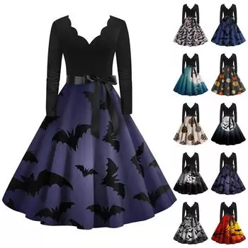 Женское винтажное классическое платье с длинным рукавом и v-образным вырезом с принтом на Хэллоуин, свободное платье M чёрный