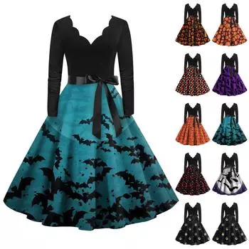 Женское винтажное классическое платье с длинным рукавом и v-образным вырезом с принтом на Хэллоуин, свободное платье XXL чёрный