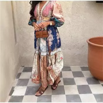 Женское винтажное принтованное этническое платье с длинными рукавами-фонариками для поездок на работу S