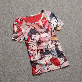 Women s Voile Base 2024 Summer Chinese Style Print T-Shirt Half Sleeve Women s Stylish Niche Style Mesh Tops Red L