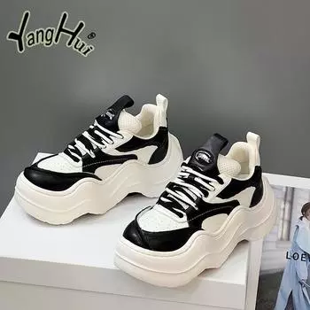 Women s Vulcanize Shoes Height Increasing Sports Rest Black and White Contrast Color Sneakers 2024 New Autumn and Winter 35 чёрный
